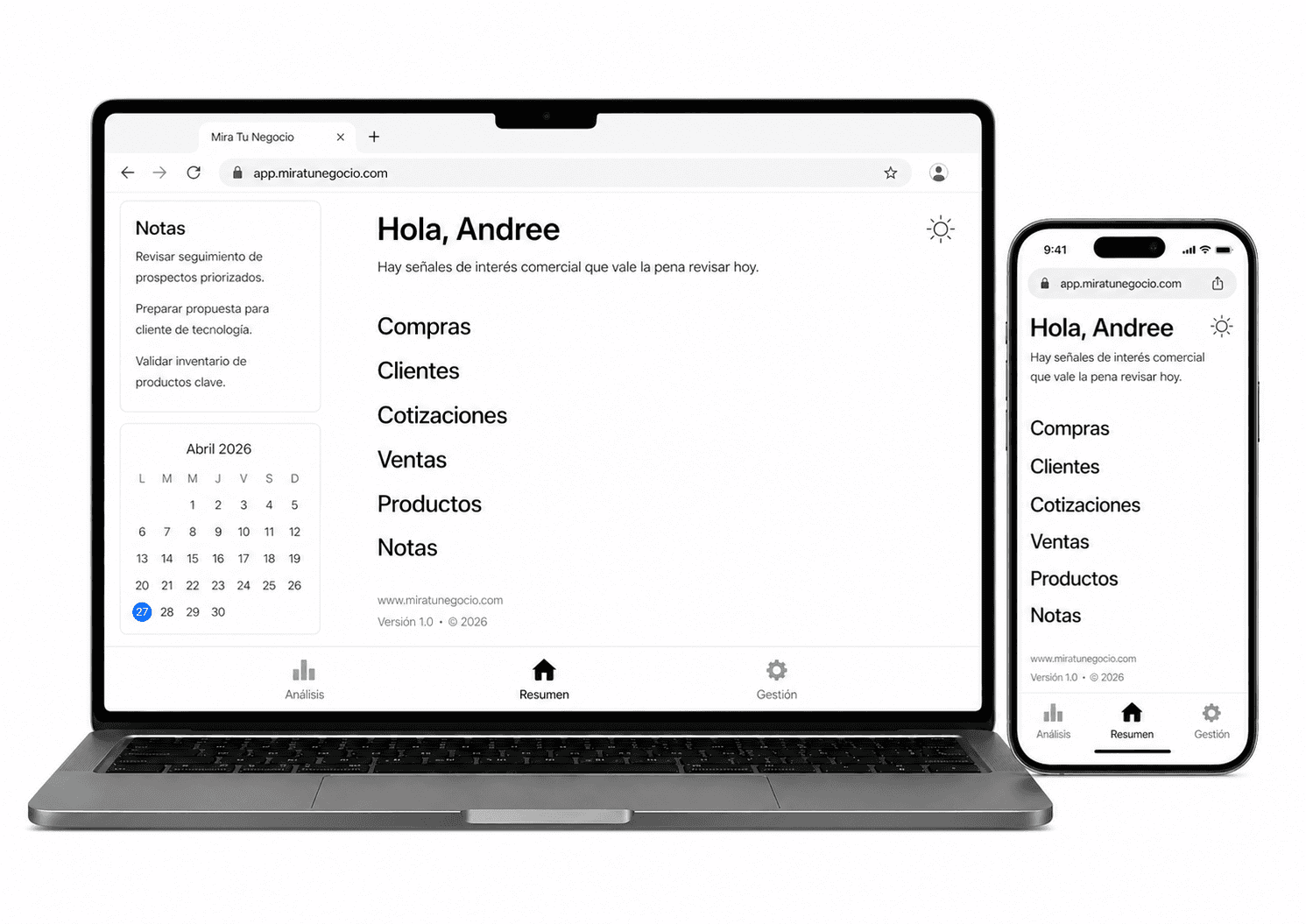 Mockup principal de Mira Tu Negocio en modo día