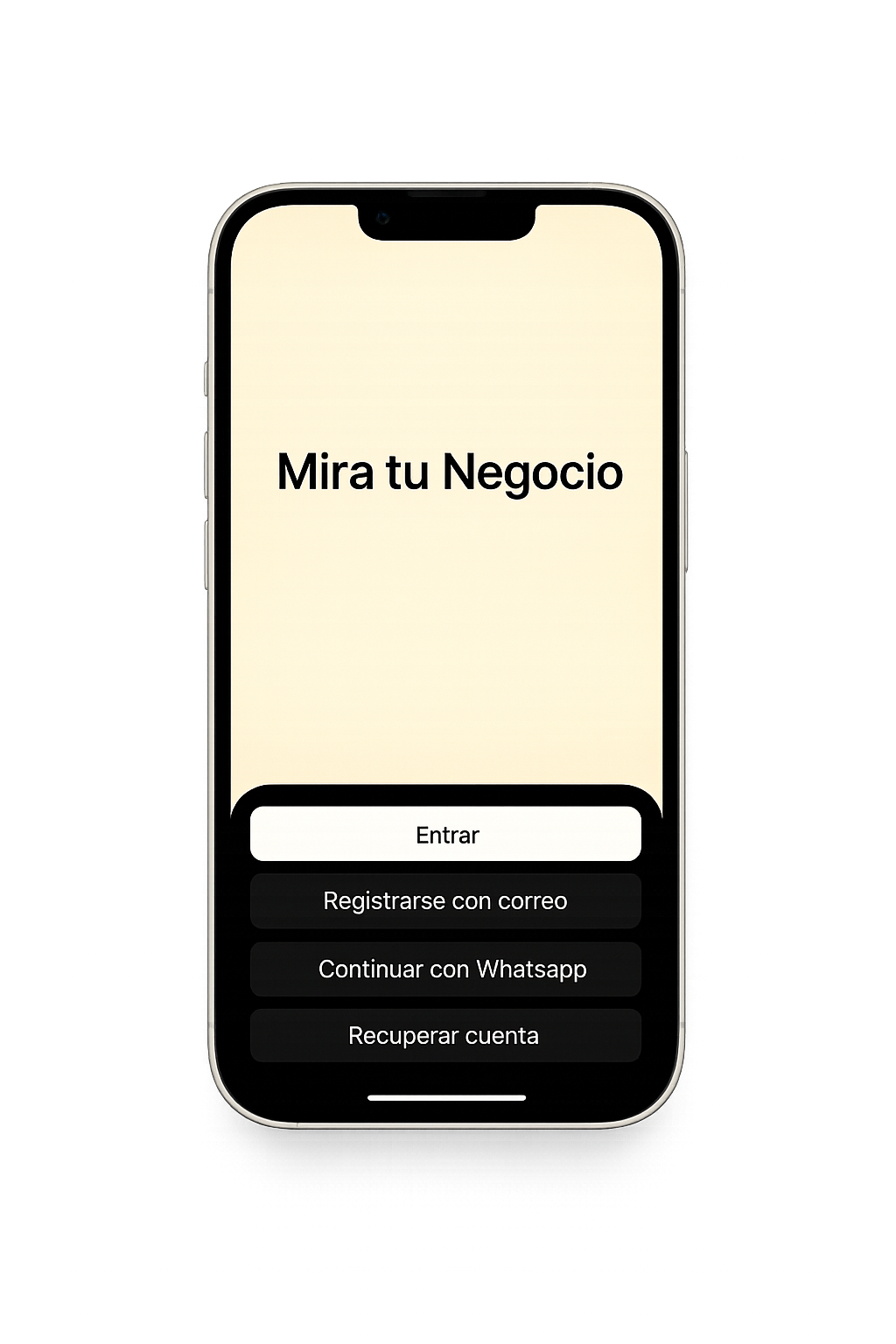Interfaz móvil de Mira tu Negocio mostrando opciones de acceso